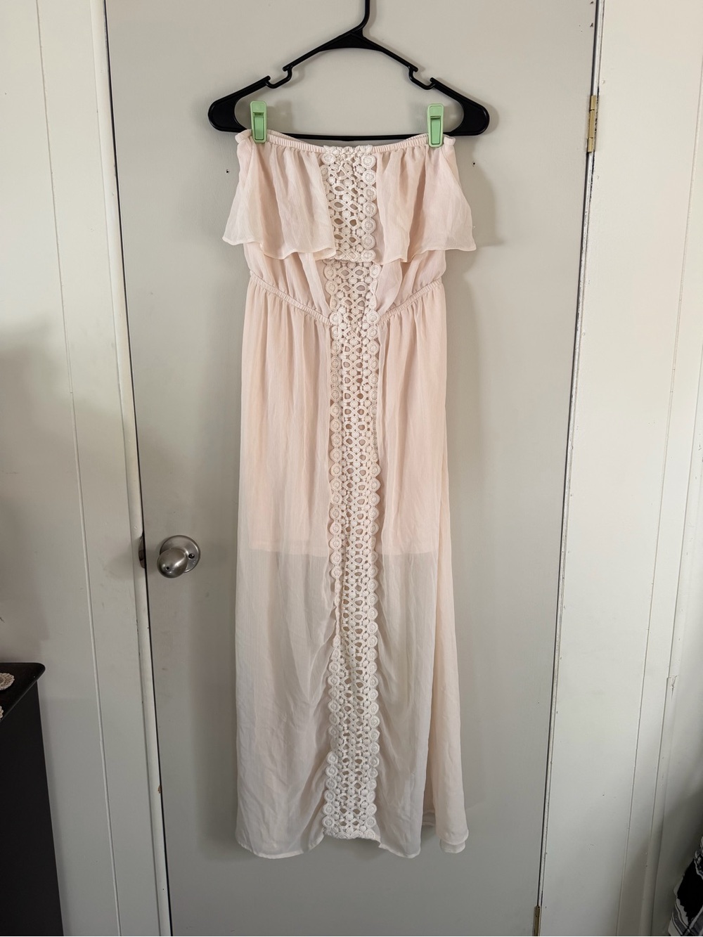 No Boundaries Strapless Crochet-Trim Maxi Dress in Light Blush